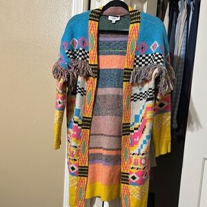 THML Multicolor Patterned Cardigan with Fringe